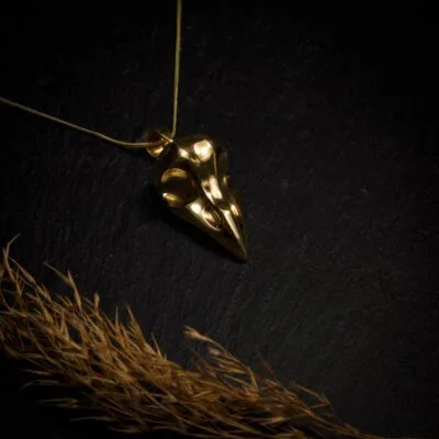 KIWA jewellery brand product image of a brass material skull pendant necklace called Birdskull. The necklace is set on a dark granite background with hay decoration on the lower end