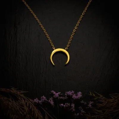 KIWA jewellery brand product image of a single brass material necklace called the New moon, set on a dark granite background with hay and dark purpe flower decoration on the lower end