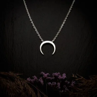 KIWA jewellery brand product image of a silver plated pendant necklace called the New moon. The necklace is set on a dark granite background with hay and dark purple flower decoration on the lower end