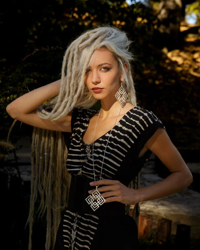 Photo of a Female model Yefimiya wearing Mokosha Silver plated Necklace from KIWA Jewellery handcrafted designs