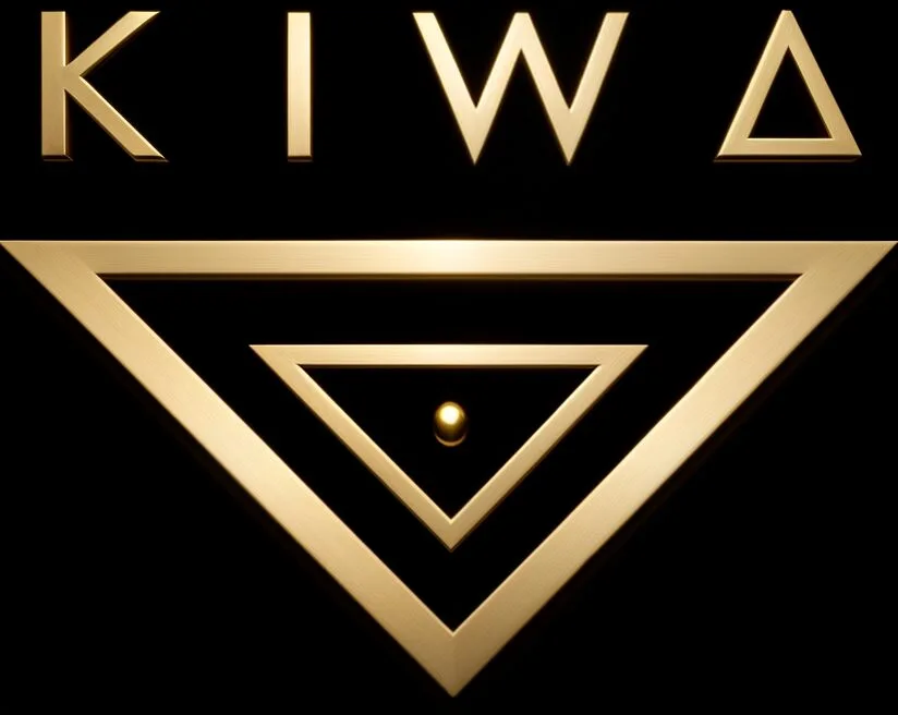 KIWA Jewelry logo consists of a brass colored inverted double triangle shape with a dot in the middle. The name of the brand is written at the top